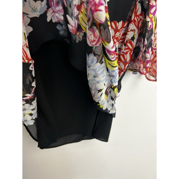 Josie Natori Women Black Multicolor Floral Silk 3/4 Sleeve Blouse Top Sz M - Picture 5 of 12